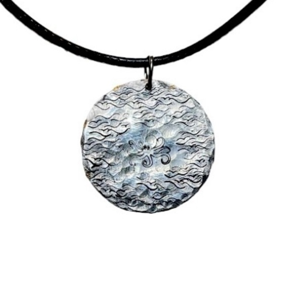 Handmade stamped octopus & ocean silver pendant Black‎ leather cord necklace